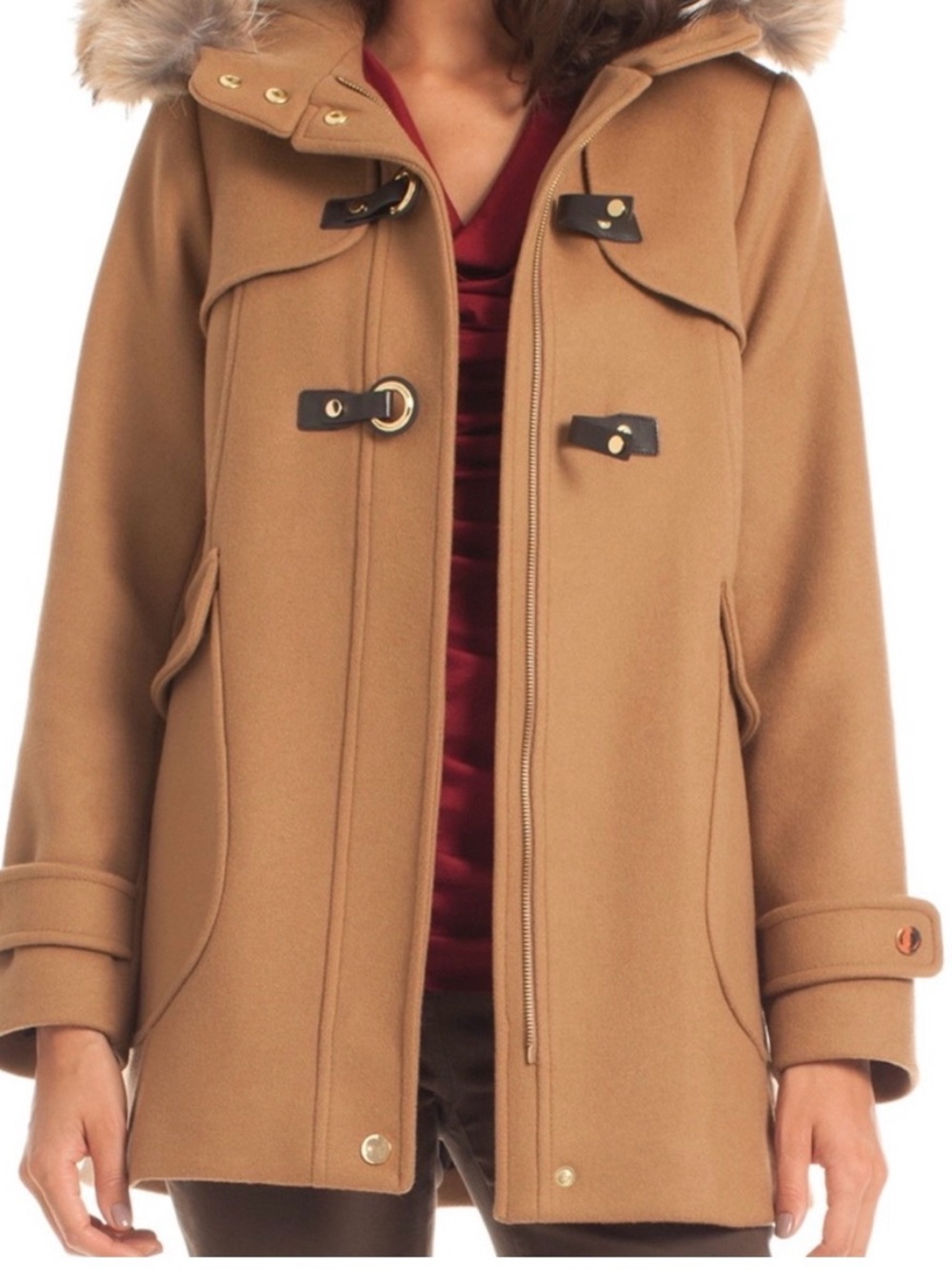 Trina Turk Camel Hooded Wool-Blend Pea Coat with Fur Trim